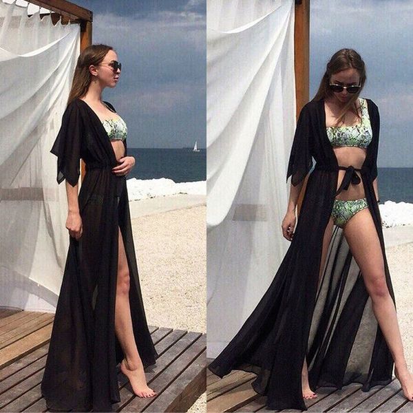 

лето новый стиль мода женщины повседневная длинные сыпучие пляж платье swimwear шифон кардиган кафтан, Black;gray