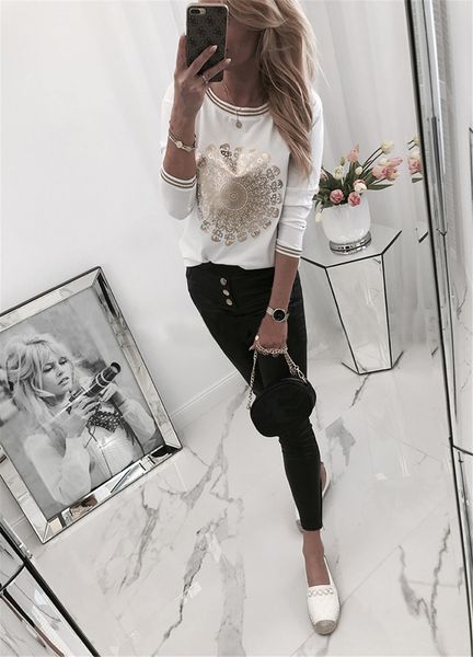 

elegant women t-shirt streetwear matching patchwork design o-neck long sleeve print femme autumn winter casual pullover