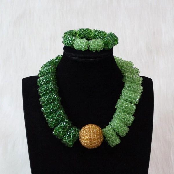 

4ujewelry fine african green and gold jewelry set crystal beaded balls nigerian women necklace set for weddings earrings party t200507, Slivery;golden