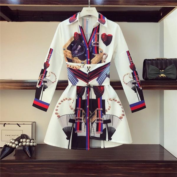 

europe style 2020 trendy women long sleeves turn-down collar print dress female beautiful dresses a939, Black;gray