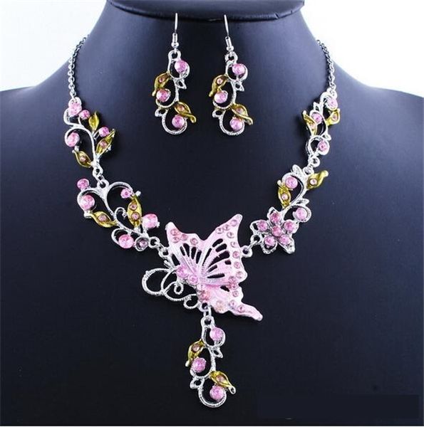 

заявление женщины цветка бабочки rhinestone ожерелье серьги комплект ювелирных изделий моды 6 цветов ювелирные наборы 200801, Silver