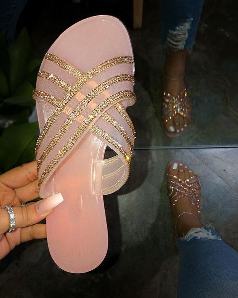 

2020 bright diamonds women's platform summer sandals flip flop outdoor fashion rhinestones buckle lazy slippers, Black