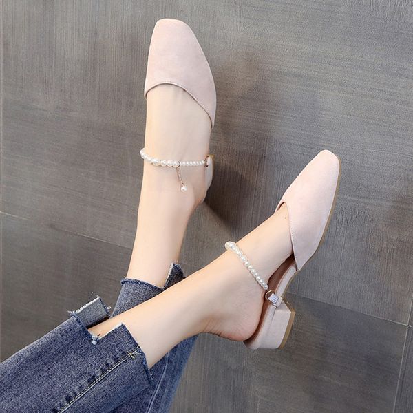 

med square heel shoes woman 2020 female mule string bead cover toe slippers casual slipers women block soft mules luxury new, Black