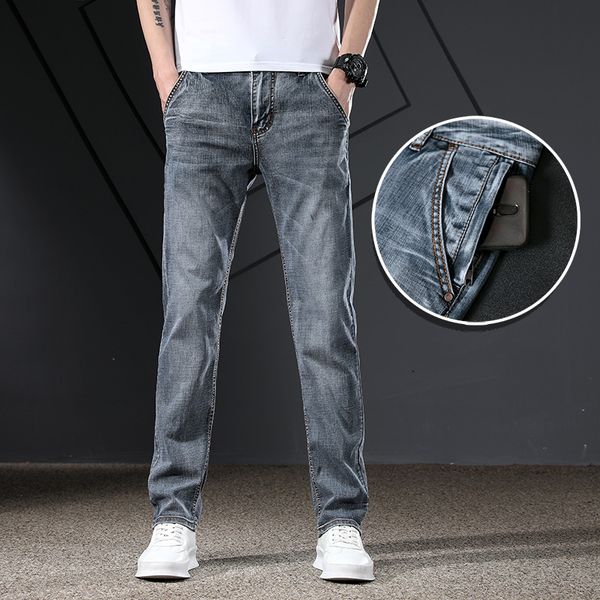 

men's jeans men homme denim slim fit pants trousers straight gray blue anti-theft zipper spijkerbroeken heren multi-pocket soft casual