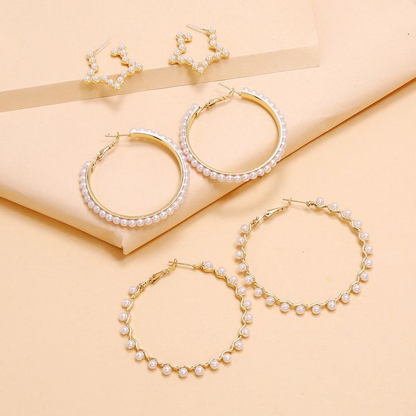 

earring set fashion temperament exaggerated pearl set earrings simple retro trend round five-pointed star 3-piece earrings eh033, Golden