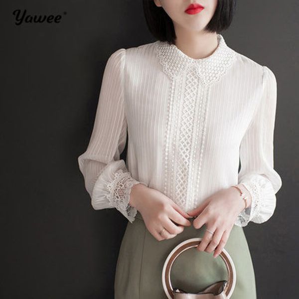 

white lace long sleeve blouses women puff sleeve fashion shirts o-neck hollow out elegant women blusas mujer
