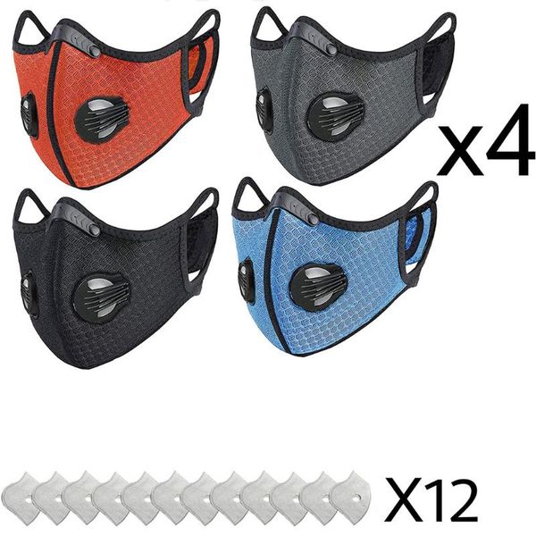 

4 pcs face maks reusable with 12 filters dustproof respirator cloth mouth face maskking solid cycling mascarillas bandana, Black