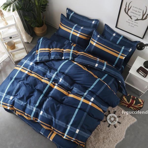 

home textile twin full  king bed linen set boy kid girl bedding suit plaid blue duvet cover sheet pillowcase