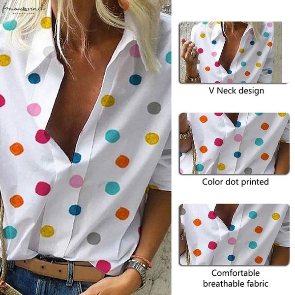 

2020 bohemian women blouse vintage long sleeve loose shirts ladies beach dot print v neck polka dot shirts moda blusas, White