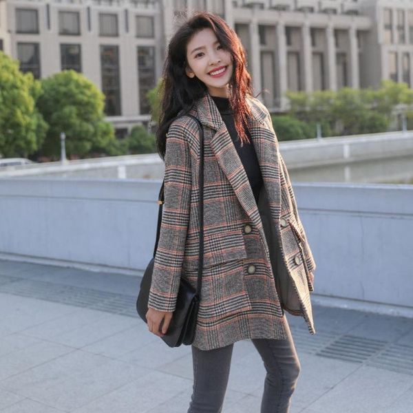 

woolen loose suit coats woman chic england wind plaids and tweeds autumn temperament wool outerwear female casual fashion jacket, Black