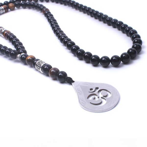 

natural stone onyx tiger eye stone beaded women&men yoga necklace stainless steel om long necklace handmad fashion jewelry, Silver