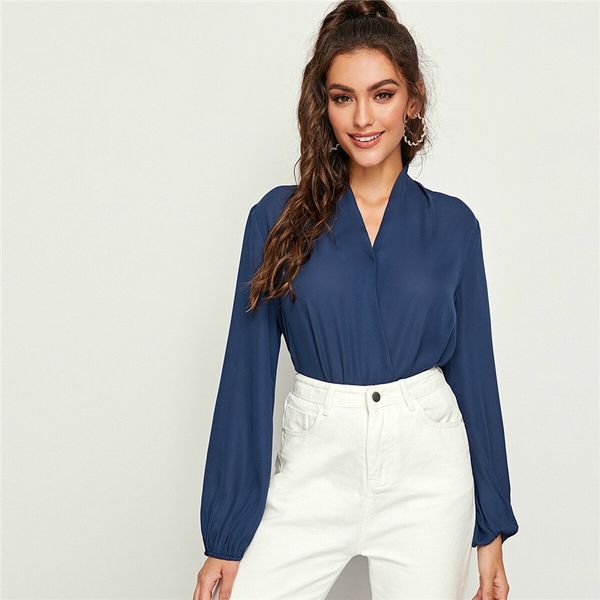

shein navy v-neck lantern sleeve wrap blouse women spring autumn long sleeve office lady solid elegant and blouses, White