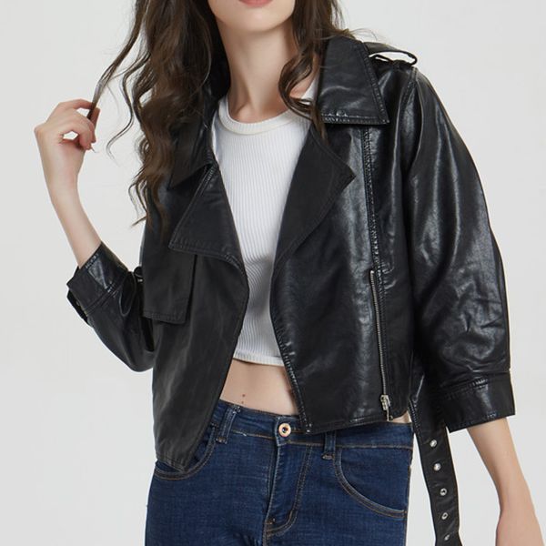 

streetwear pu leather jacket for women spring autumn faux leather jacket coat female pu zipper pocket motorcycle outerwear coat, Black