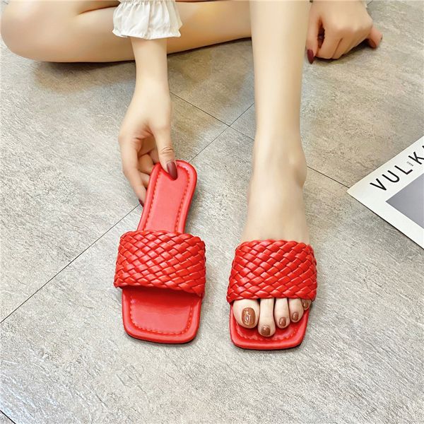 

flat slippers womens 20-woven summer new fashion square head stall wear word sandals all-match korean-style low heel, Black