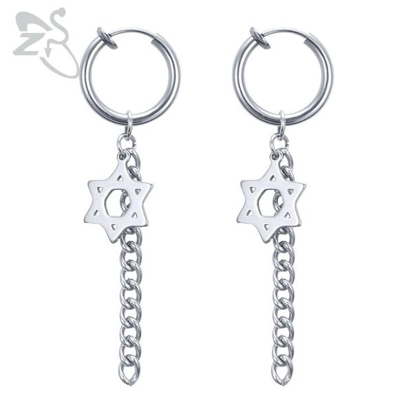 

zs 2 pcs korean hip hop star of david hoop earrings no piercing earring hoops vintage punk chain dangle earrings for men jewelry, Golden;silver
