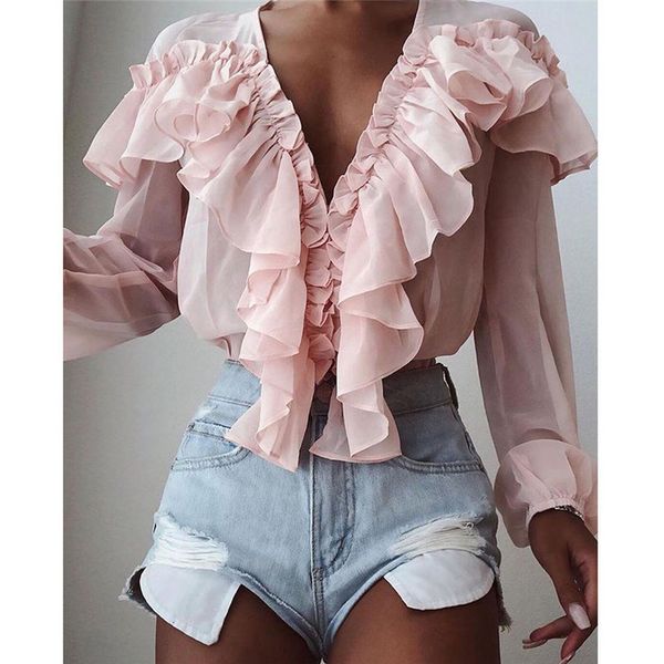 

women chiffon solid color deep v-neck ruffles shirt blouse outwear casual long sleeve loose long sleeve ol fashion shirts, Gray
