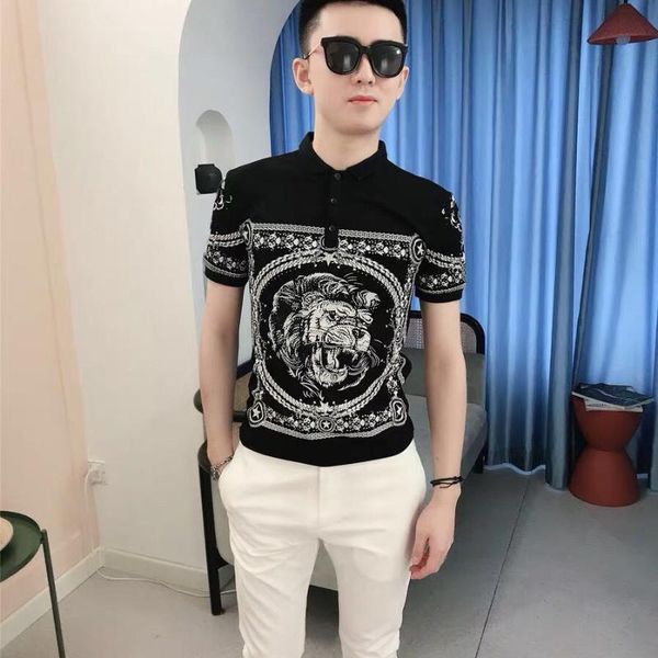 

men's designer shirt summer slim lapel print striped lion shirt half sleeve bottoming short sleeve, White;black