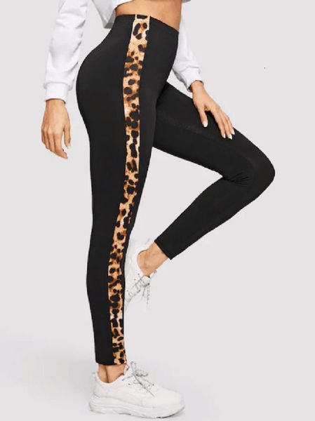 

2020 summer womens leggings leopard side striped skinny stretchy ankle length leggings running cycling spots lenggings, Black