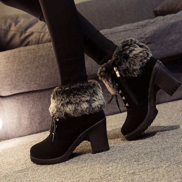 

women high heels boots warm fur shoes woman ankle boots cool rivets female winter shoes black square heels 8cm a1661