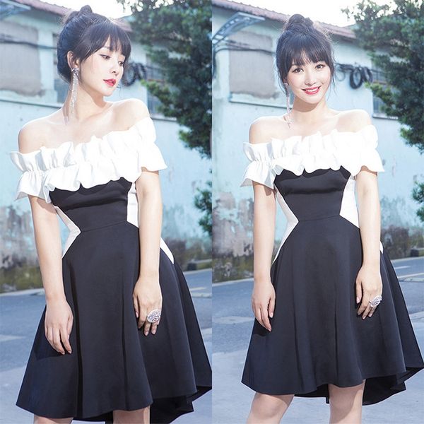 

liu yan lou yixiao same black and white color slim stitching dress women's summer shoulder a- line dress fashion slim skirt, Black;gray