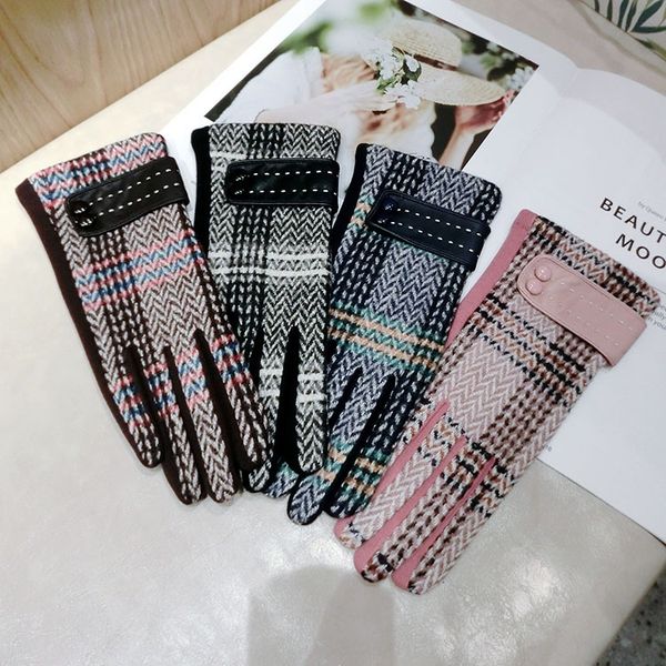 

korean new woolen button and pu leather striped wool button for young women's finger gloves thickened five-finger gloves