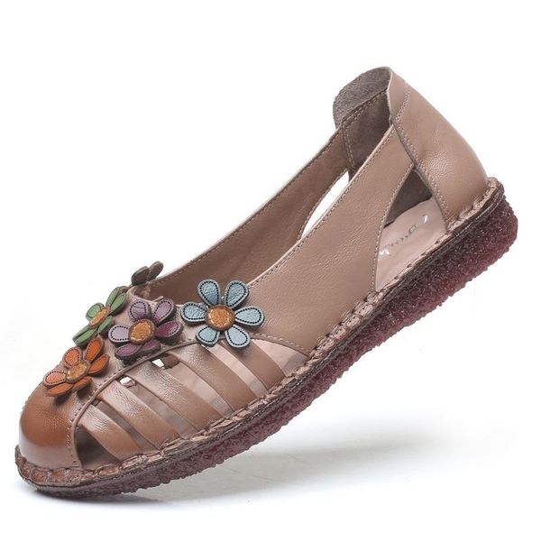 

genuine leather ladies flat summer shoes loafers with flowers round toe soft comfort sandals slip on casual woman female floral, Black