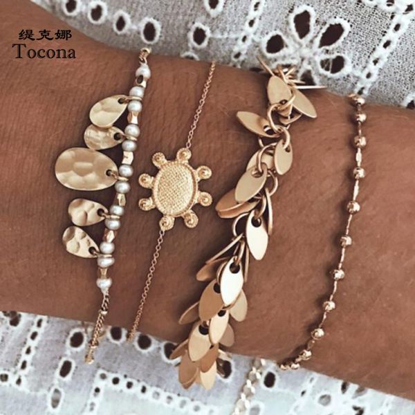 

bracelet 4pcs/sets bohemian gold tassel bracelets for women charming turtle wafer chain bead summer jewelry accessories gift 8862, Black