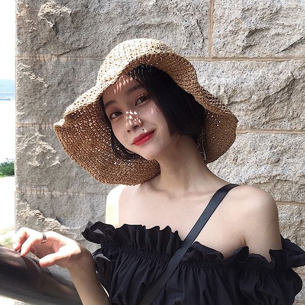 

french court style plaited fisherman ins soft fisherman straw girl lace straw hat sun hat female, Blue;gray