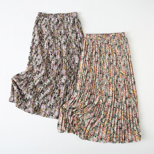 

floral mid-length women's 2020 summer new high waist aline skirt pleated skirt printed chiffon aline dress, Black