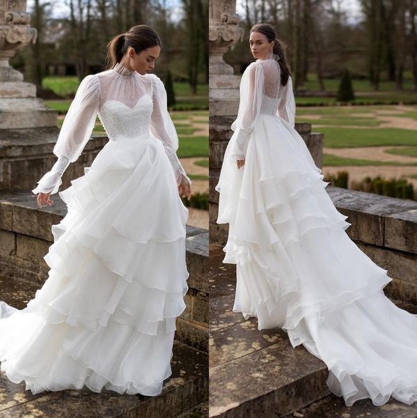 

setwell high neck a-line wedding dresses illusion long sleeves sequins beaded tiered floor length bridal gowns, White