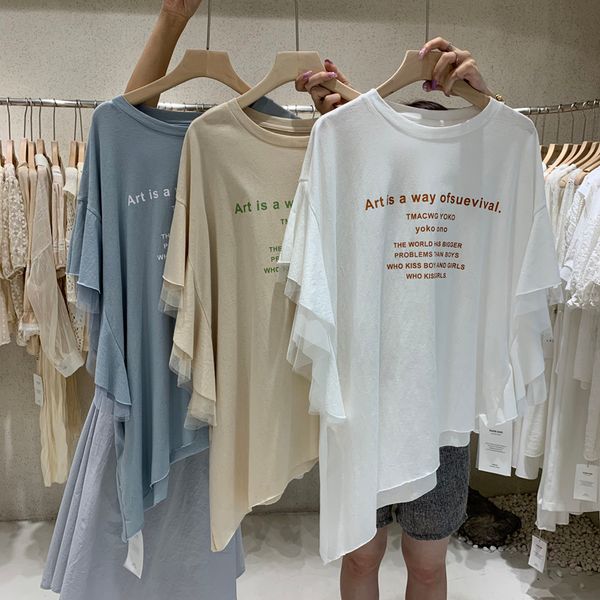 

graphic tees women irregular length cotton printing bottom bevel is simple and loose dm001, White