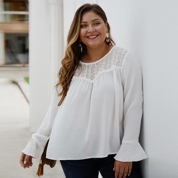 

whzhm white lace patchwork shirt and women o-neck long flare sleeve loose elegant plus size 3xl 4xl blouse big size femme