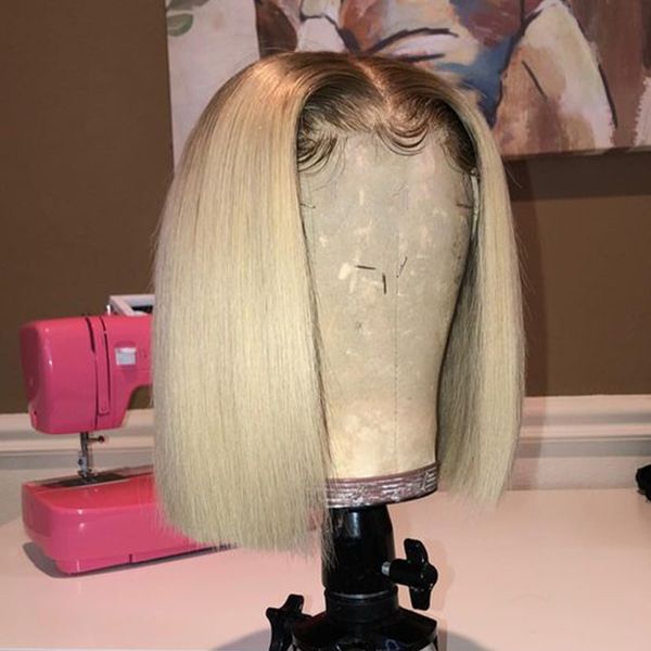 

short bob fashion wig human hair closure blonde black color ombre remy straight pre plucked hair for women