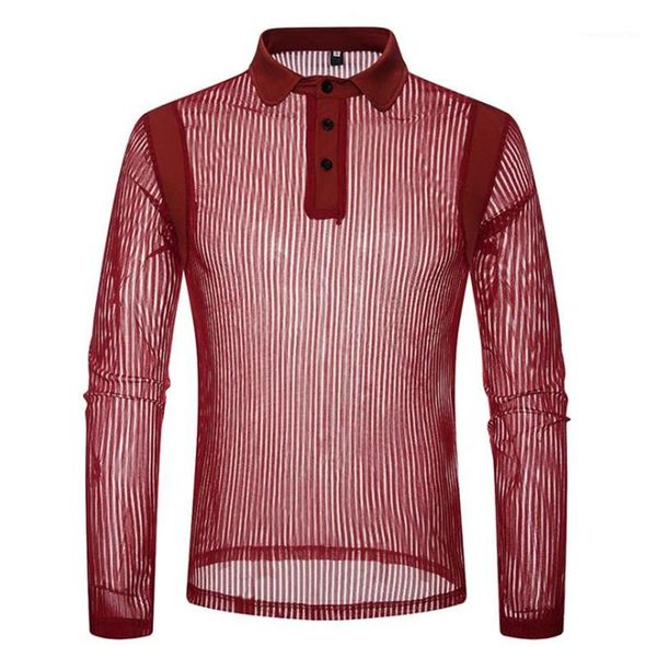 

solid color striped long sleeve lapel neck polo shirt new mens clothing mens see through polo fashion, White;black