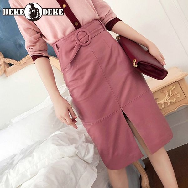 

elegant women high waist belted slim fit wrap mid skirt slim fit office ladies pink genuine leather skirts mujer faldas, Black