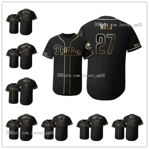 

philadelphia phillies men women youth 3 bryce harper 4 scott kingery flex base 2019 golden edition baseball jersey, Black
