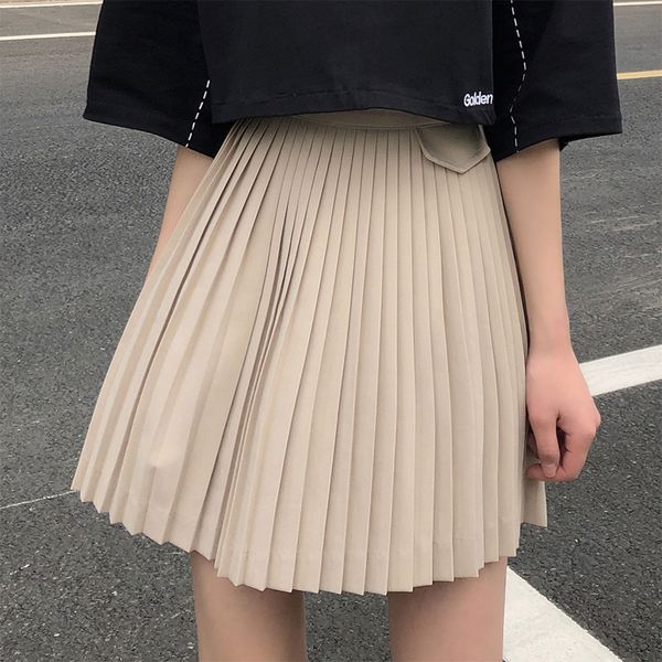 

sml 2 colors woman summer skirts 2020 preppy style high waist mini skirt solid color a line pocket pleated skirt womens (x1376, Black