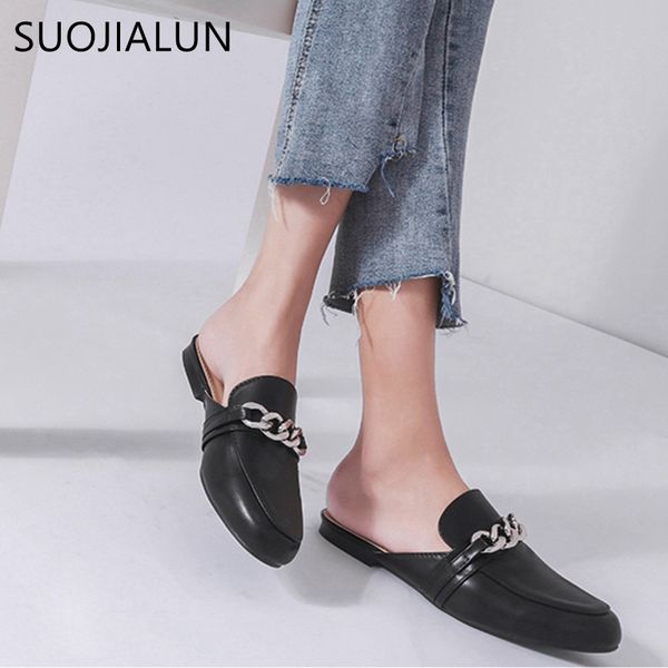 

suojialun 2019 summer women slippers plus size 36-41 fashion leather chian decoration flat outside ladies casual mules slides shoes, Black