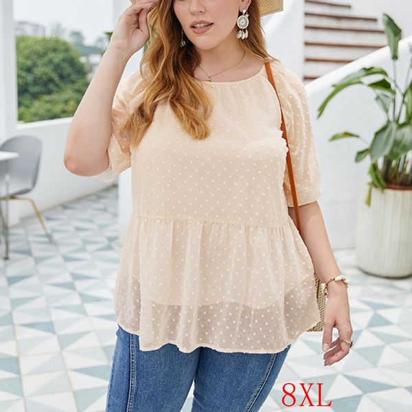 

summer new large size t-shirt 4xl-8xl bust 136cm fashion women's round neck short sleeve frill polka dot printed casual t-shirt, White