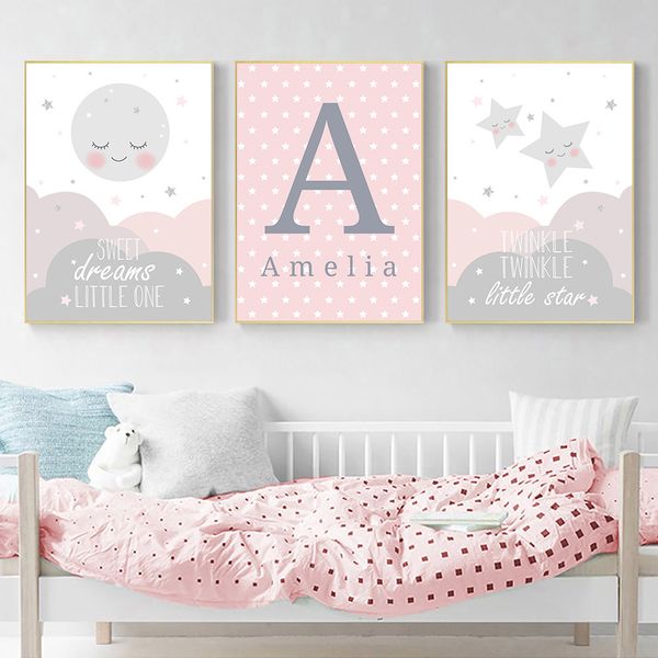 

cloud star moon posters and prints custom name poster painting nursery wall art print pink wall pictures baby girl room decor