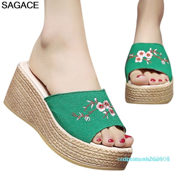 

sagace shoes womens ethnic style embroidery flowers slippers lady retro summer open toe wedge slippers beach flat shoes t01, Black