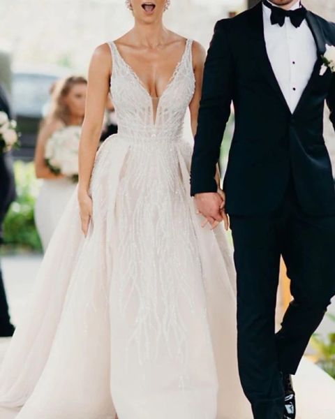 

a-line wedding dresses v neck sweep / brush train tulle sequined sleeveless backless with, White