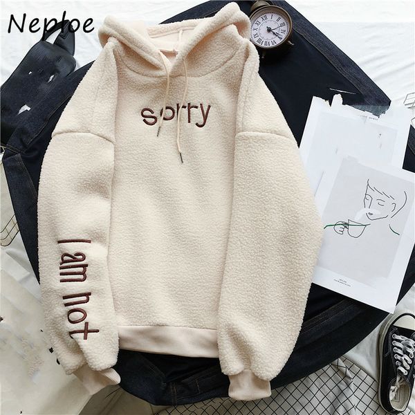 

neploe women fleece hooded sweatshirts korean hong kong style letter print pockets loose autumn winter 2020 new hoody 82020, Black