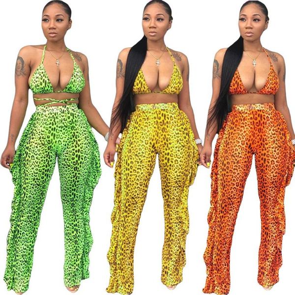 

haoyuan neon leopard print women two piece outfits festival clothing crop and ruffle pant 2 piece club matching sets, White