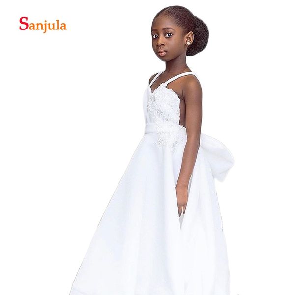 

white satin little girls first communion dresses spaghetti straps a-line backless flower girls wedding party gowns d1349, Red;yellow