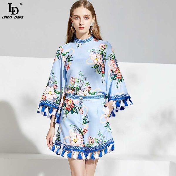 

ld linda della fashion designer shorts 2 two pieces set floral print tassel and high waist shorts suits women's sets, White