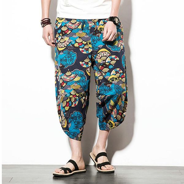 

plus size -5x men harem pants summer cotton linen hip hop pants joggers casual printed loose baggy cross male trousers, Black