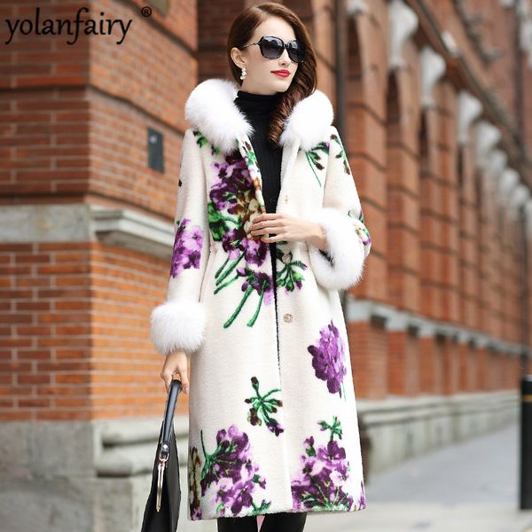 

2020 winter coat women long real fur coat female sheep shearing 100% wool fur jacket hooded collar floral hq18-mc03c, Black