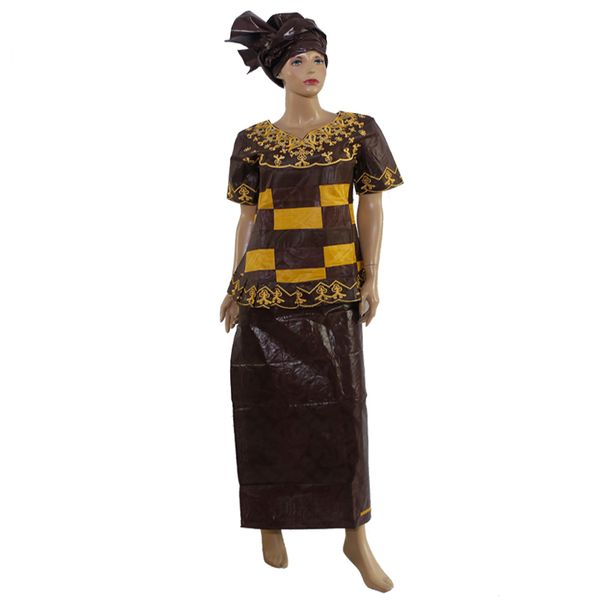 

md embroidery bazin clothes south africa women short sleeve shirt skirt suit traditional wears wedding party lady head wrap, Red