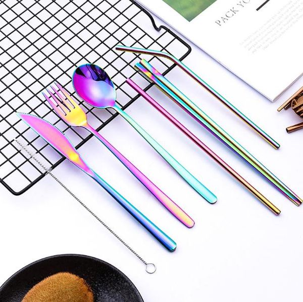 

factory outlet 304 stainless steel tableware straw set western style creative titanium-plated straw knife fork spoon gift tableware set